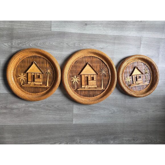 Set Of 3 Handcrafted Bamboo & Rattan Wall Decor Tropical Hut & Palm Tree Design - Picture 2 of 13